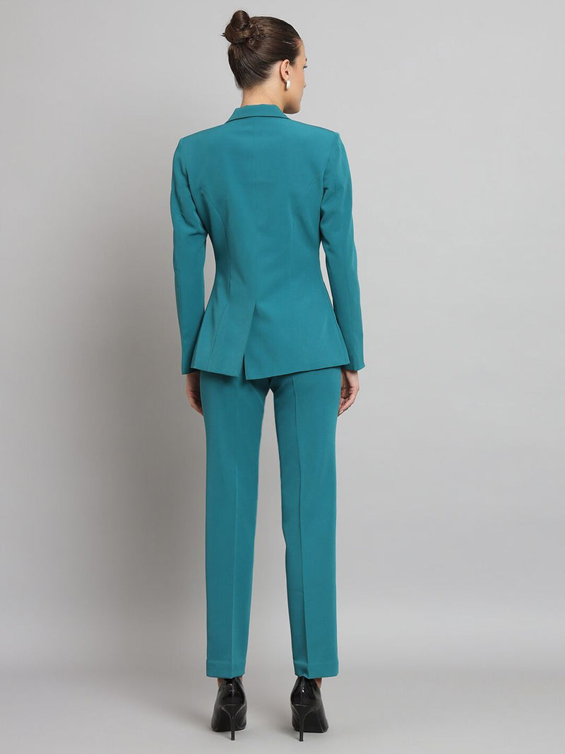 Notch Collar Stretch Pant Suit- Teal Green