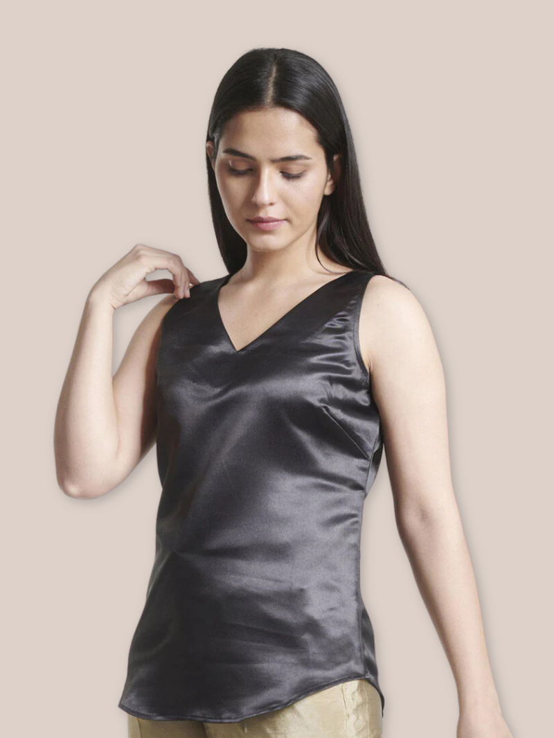 Satin sleeveless black top for stylish and elegant looks.