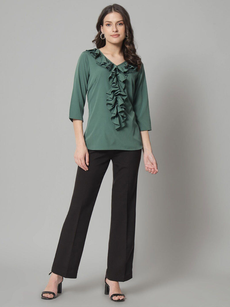 Ruffled Neckline Top- Green