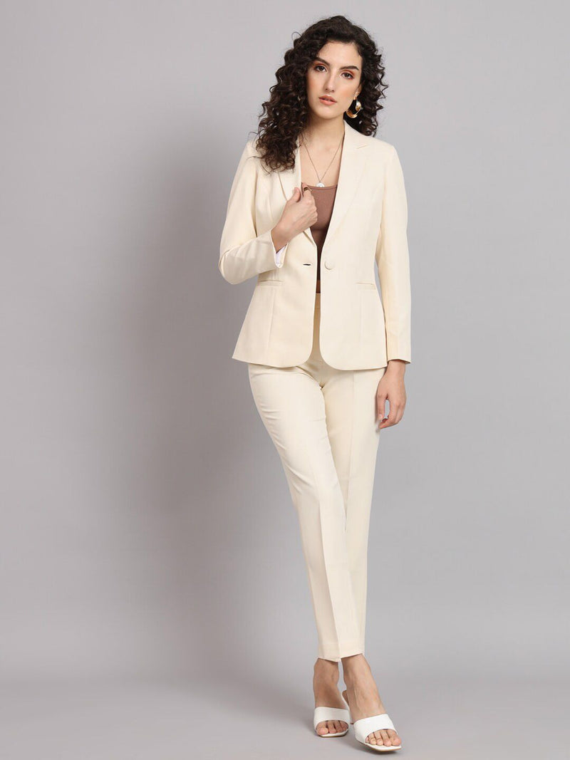 Regular Fit Notched Collar Stretch Pant Suit  - Off White