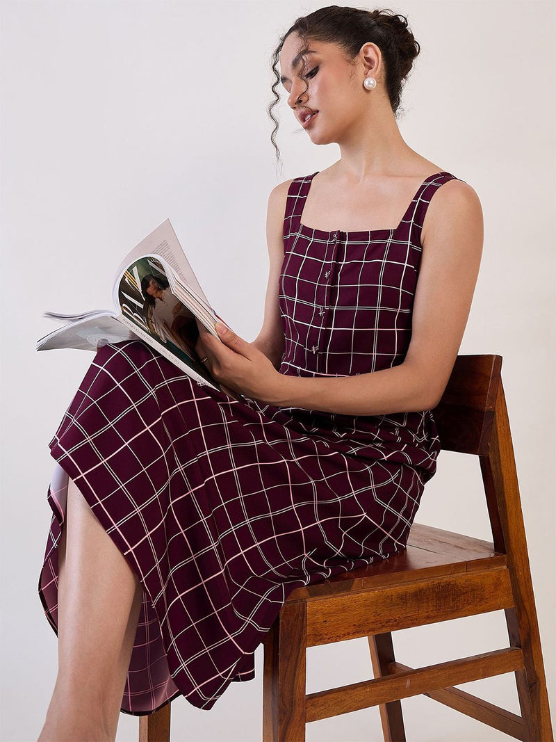 Maroon Check Fit & Flare Dress