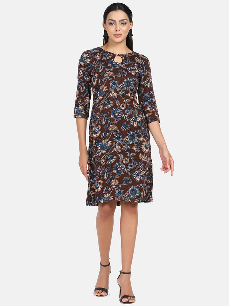 Floral Print Cotton Dress - Brown and Blue