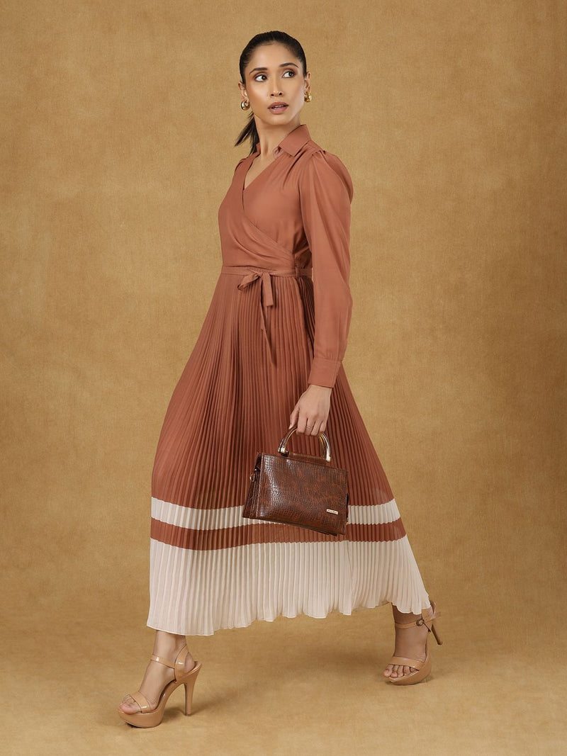 Brown Wrap Pleated Dress