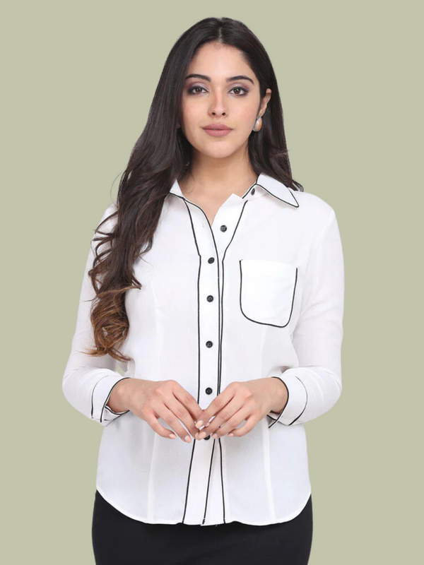 Regular fit white collared shirt with black accents for women.