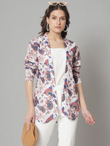 Front Open Printed Jacket- white and blue