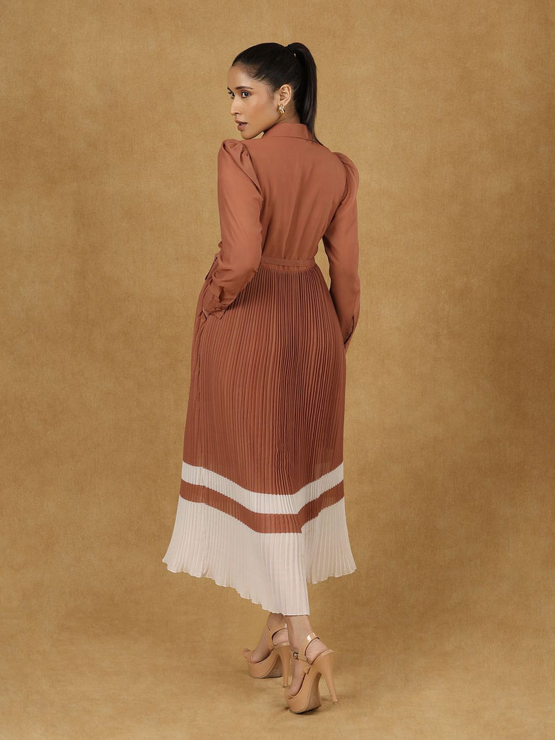 Brown Wrap Pleated Dress