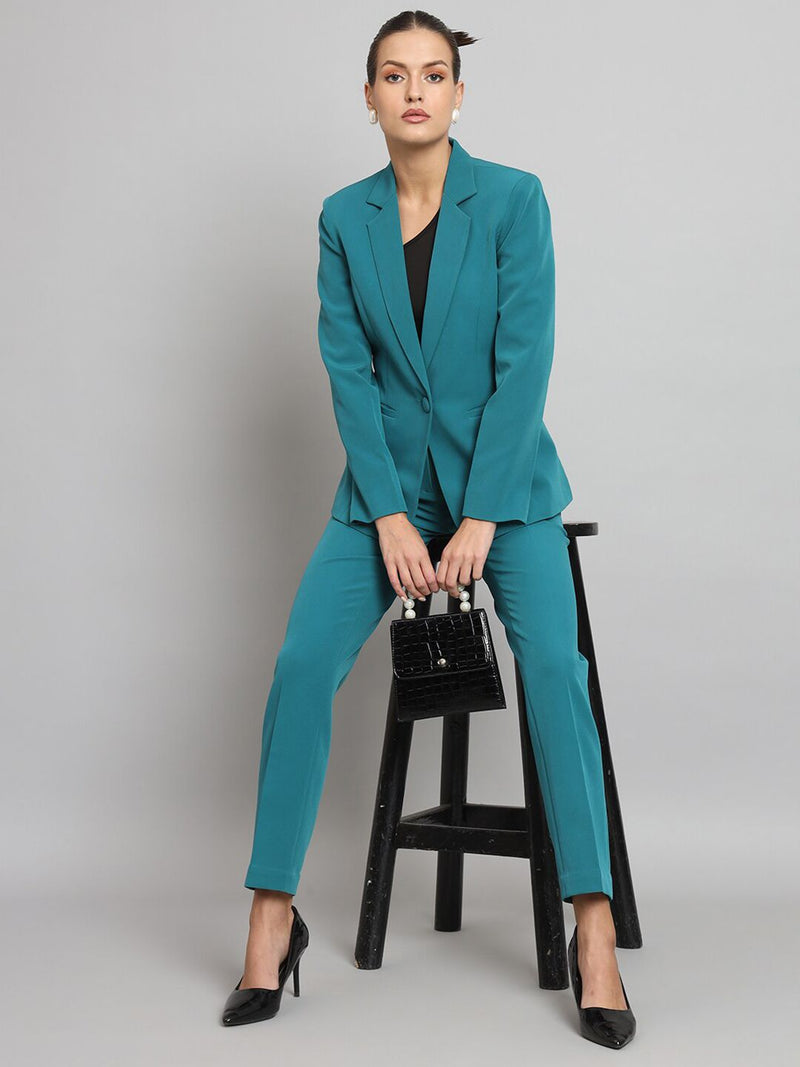 Notch Collar Stretch Pant Suit- Teal Green