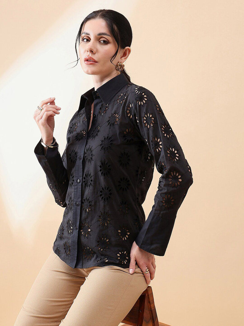 Schiffli Collared Shirt- Black