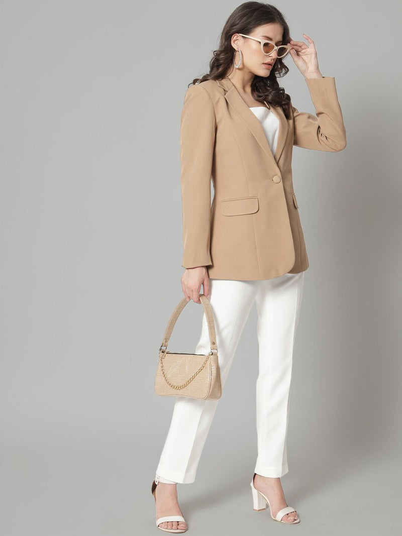 Single Button Notch Collar Blazer - Beige