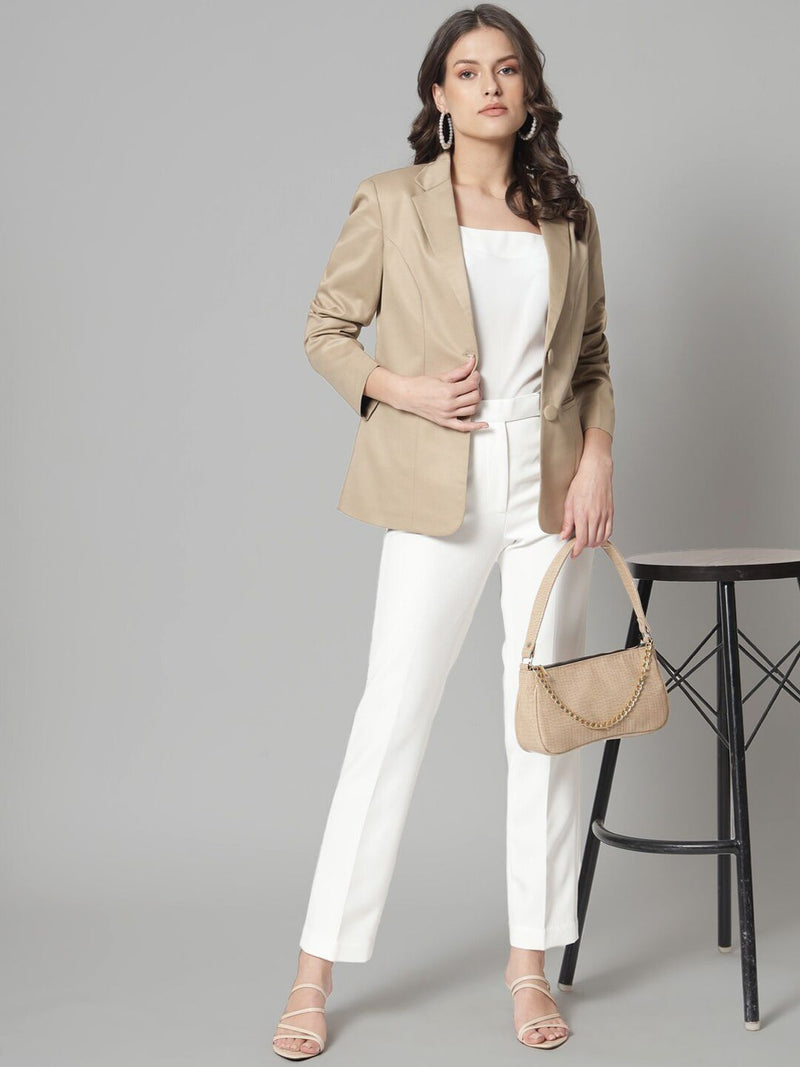 Notch Collar Poly Cotton Blazer- Beige