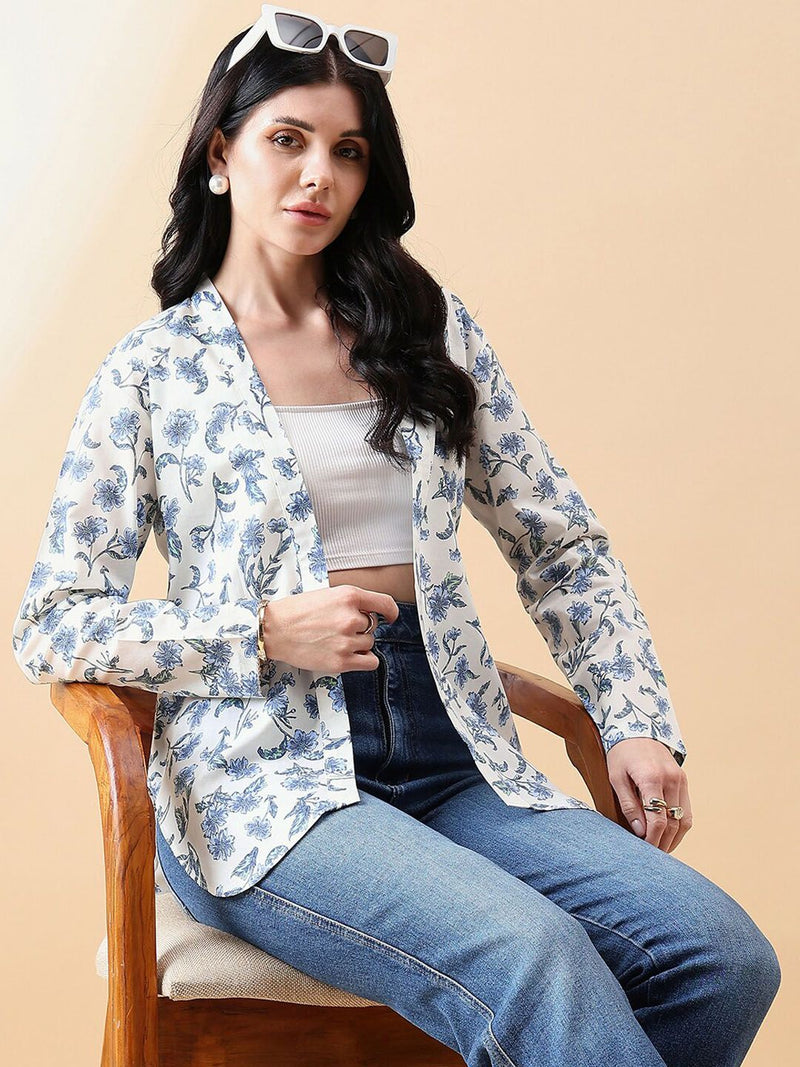 Front Open Cambric Printed Jacket- white and blue