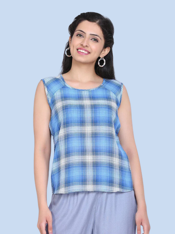 Check cotton top in sky blue and grey plaid design.