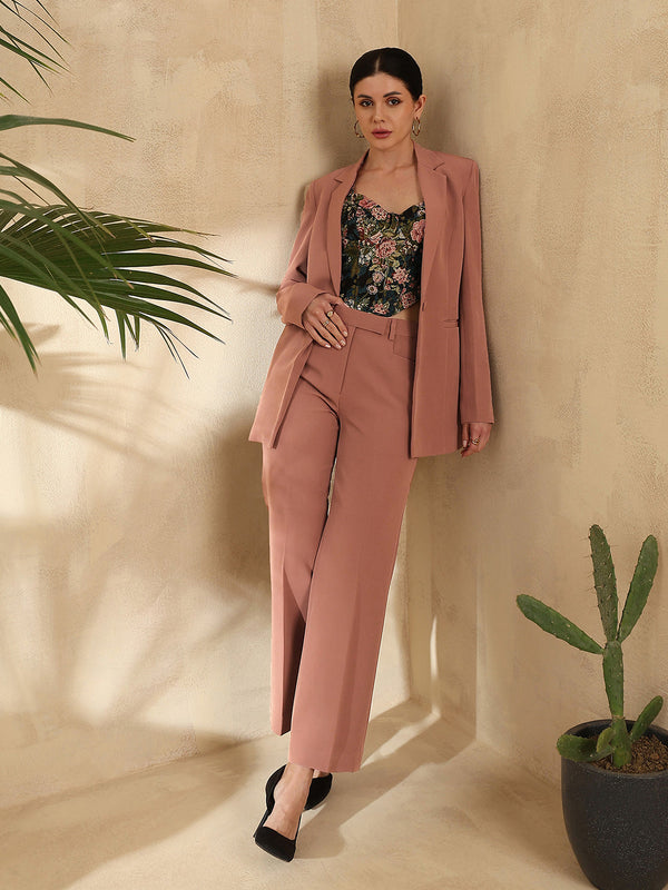 Notch collar stretch pant suit in dusty peach with floral top.