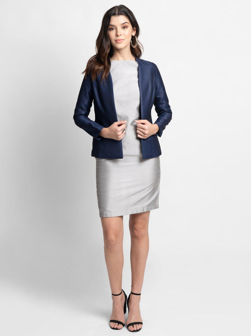 Blue swiss dot evening jacket with grey dupioni sheath dress