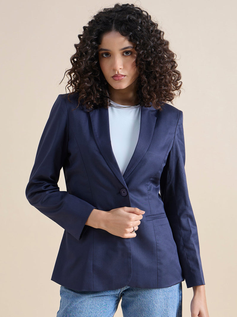 Poly Cotton Blazer For Women - Blue