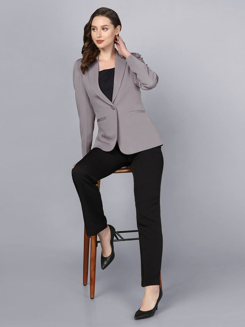 Notch collar stretch blazer in grey, stylish women's business attire.