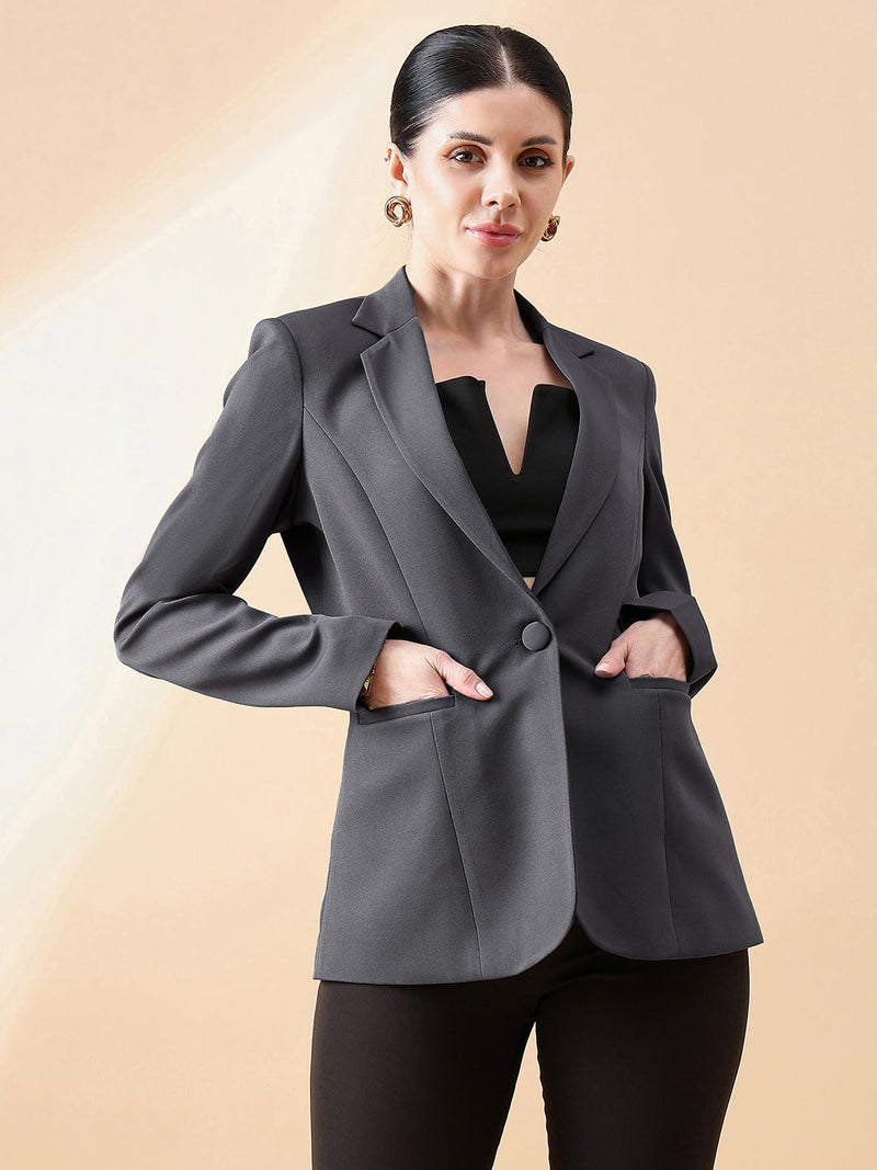 Notch collar stretch blazer in dark grey for women's fashion.