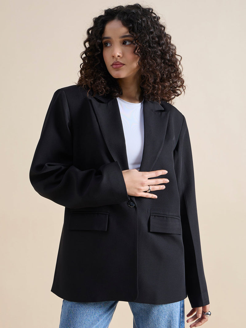 Black Notched Lapel Oversized Fit Blazer In Stretchable Fabric