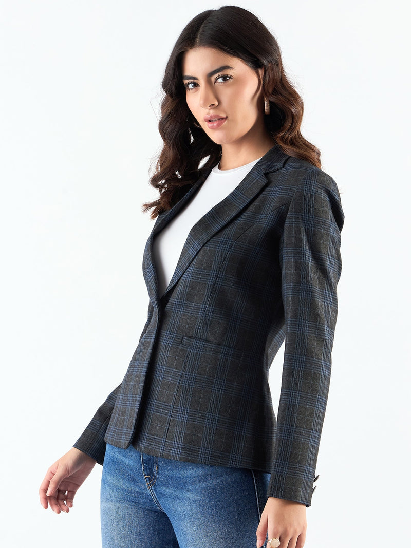 Classic Notched Collar Checkered Blazer In Woolen Plaid