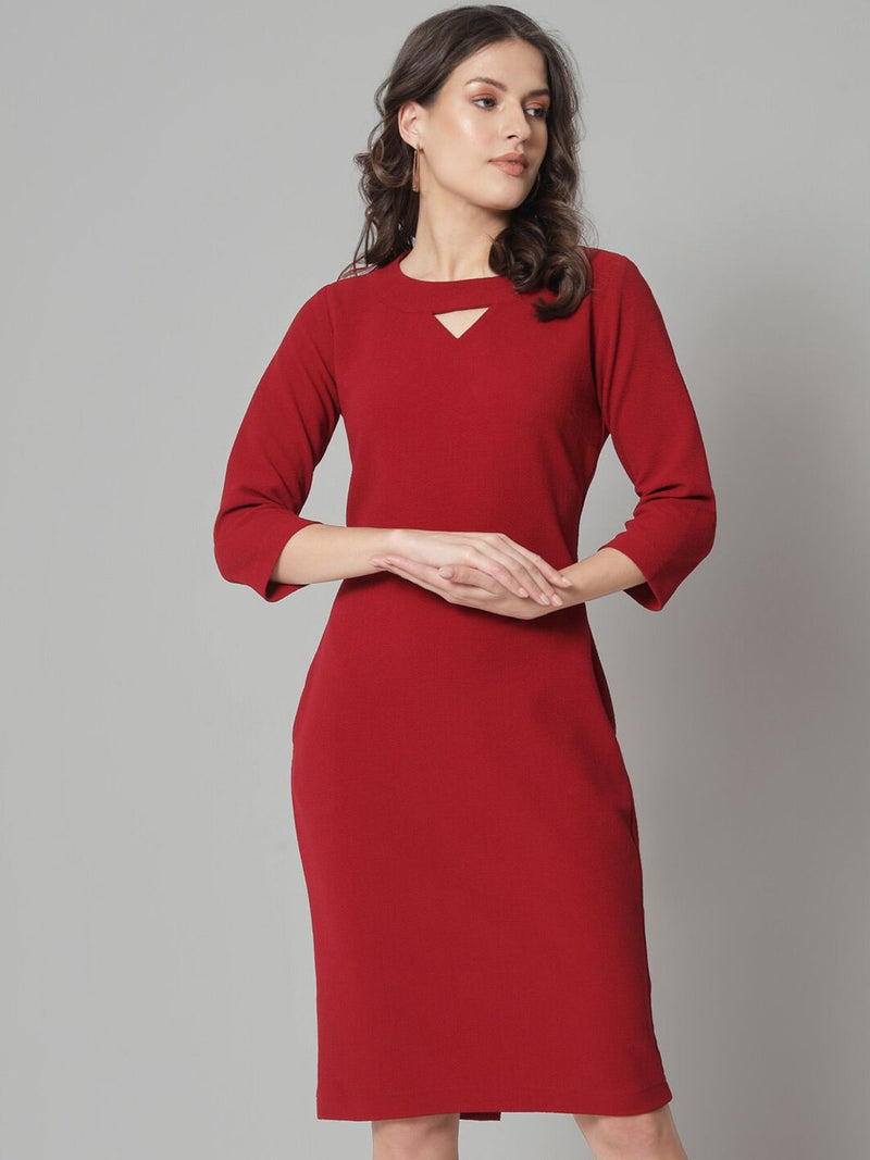 V-Neck Knit Stretch Dress - Maroon