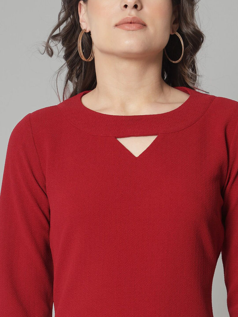 V-Neck Knit Stretch Dress - Maroon