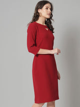 V-Neck Knit Stretch Dress - Maroon