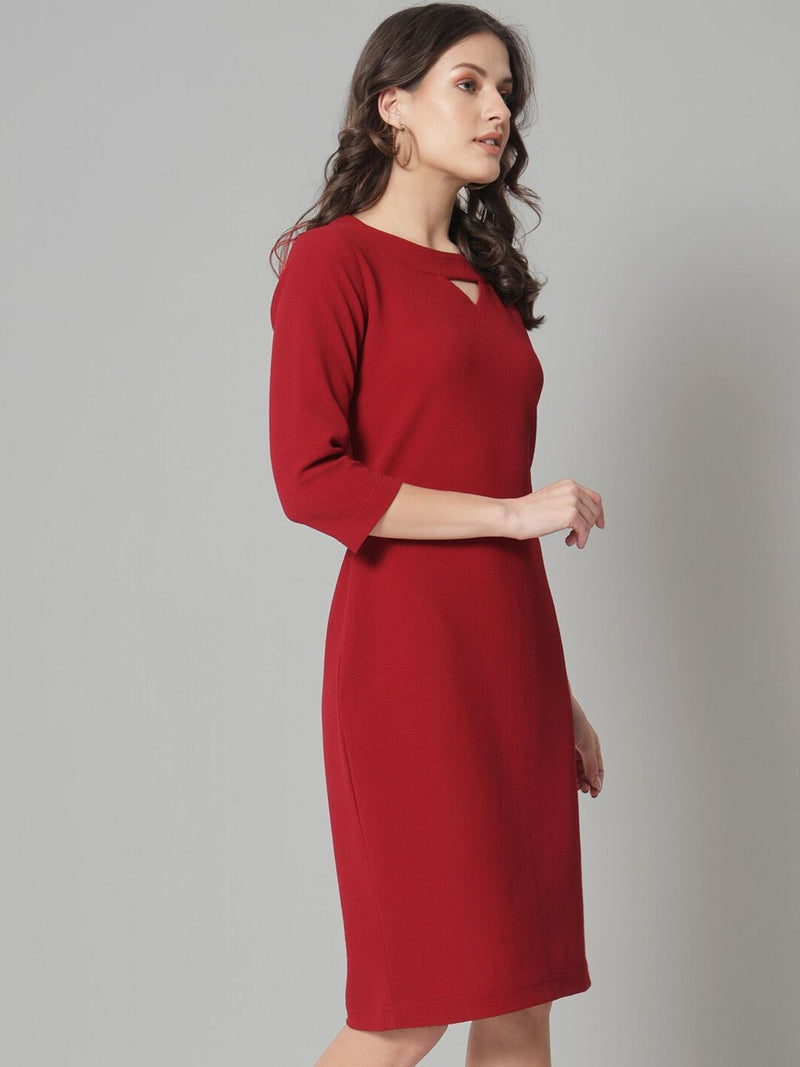 V-Neck Knit Stretch Dress - Maroon