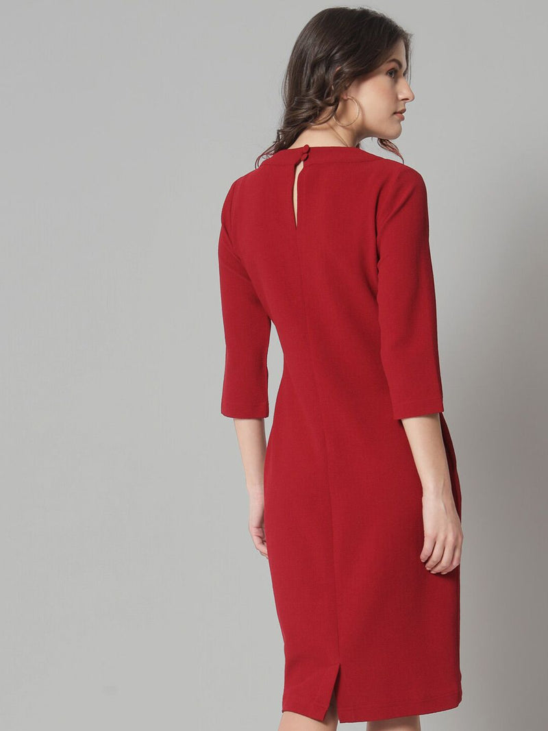 V-Neck Knit Stretch Dress - Maroon