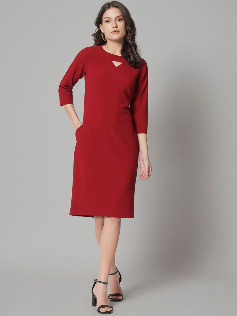 V-Neck Knit Stretch Dress - Maroon