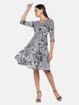 Abstract print outdoor dress in grey and white, stylish and elegant design.