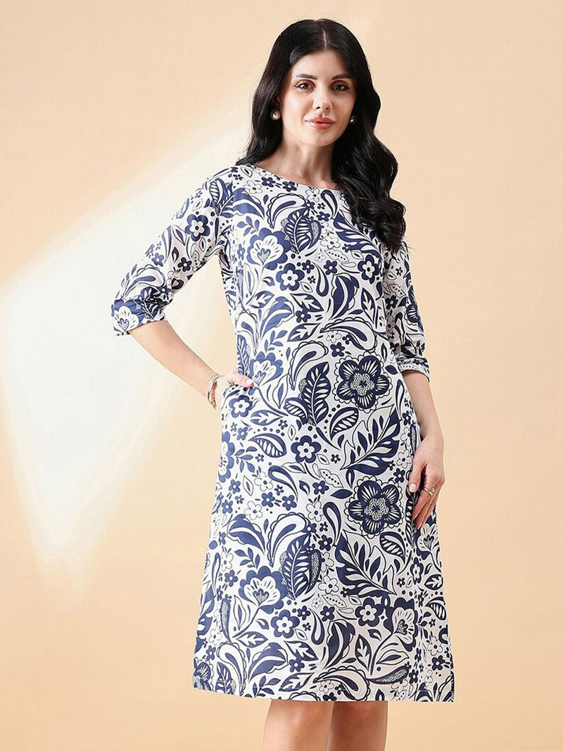 A-Line cotton floral printed dress- NAVY & WHITE