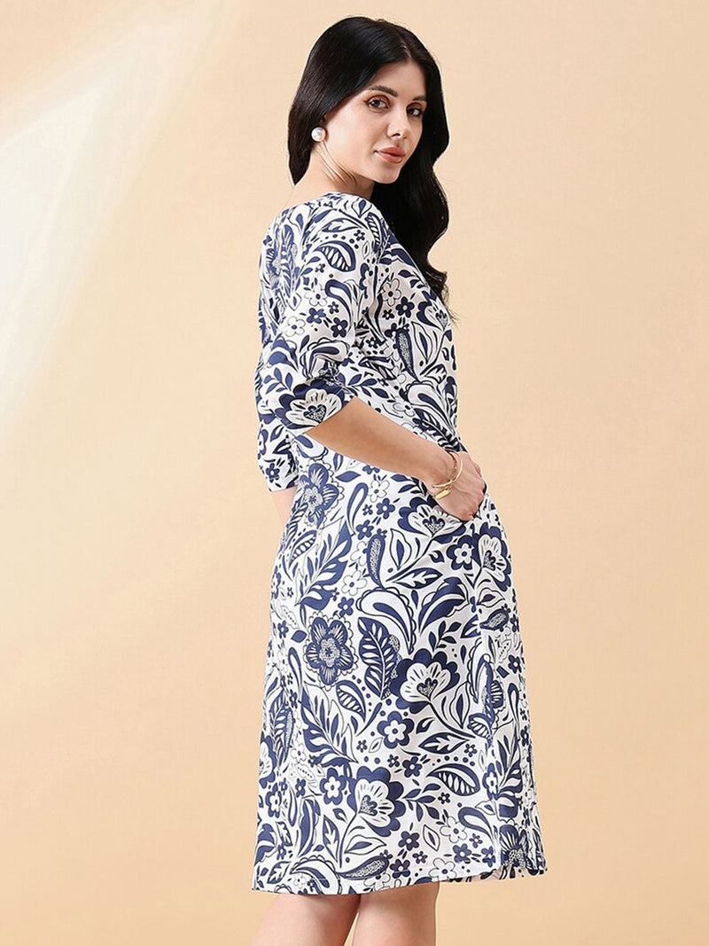 A-Line cotton floral printed dress- NAVY & WHITE