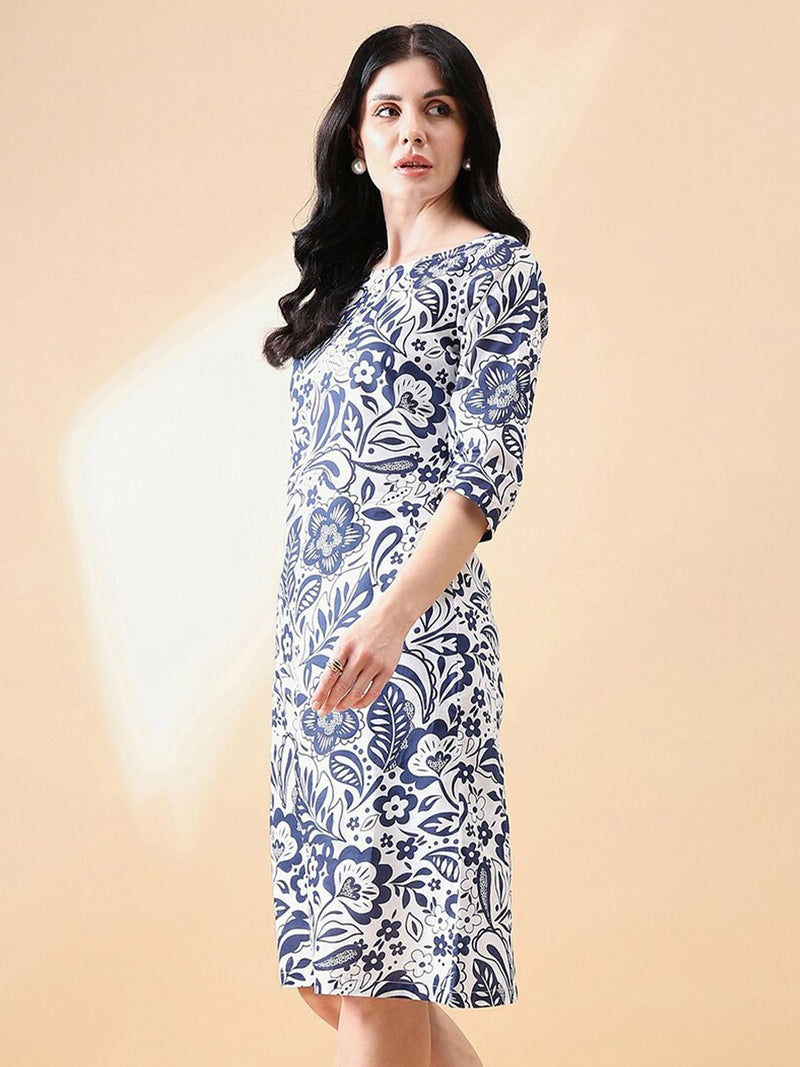 A-Line cotton floral printed dress- NAVY & WHITE