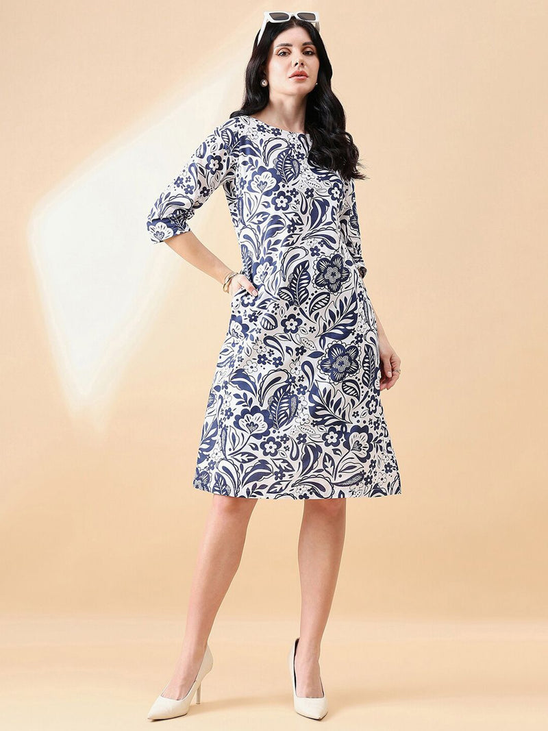 A-Line cotton floral printed dress- NAVY & WHITE