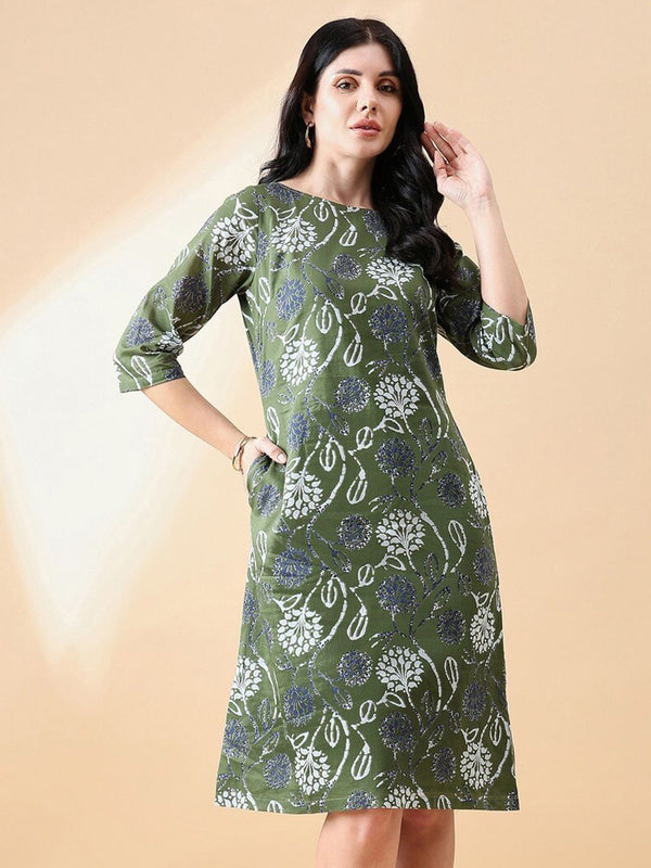 A-Line cotton floral printed dress- Olive