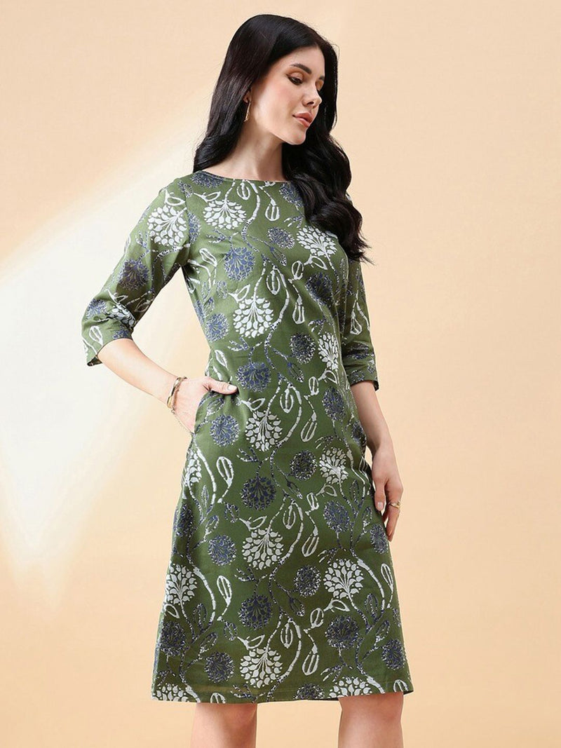 A-Line cotton floral printed dress- Olive