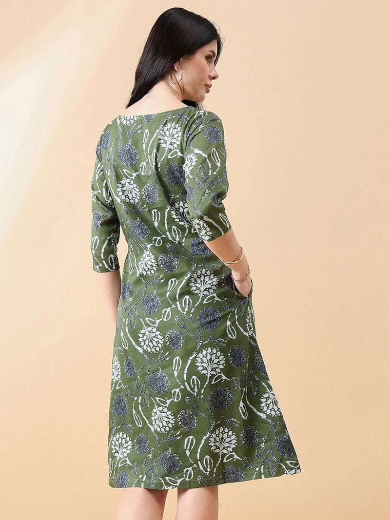 A-Line cotton floral printed dress- Olive