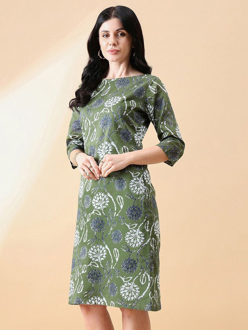 A-Line cotton floral printed dress- Olive