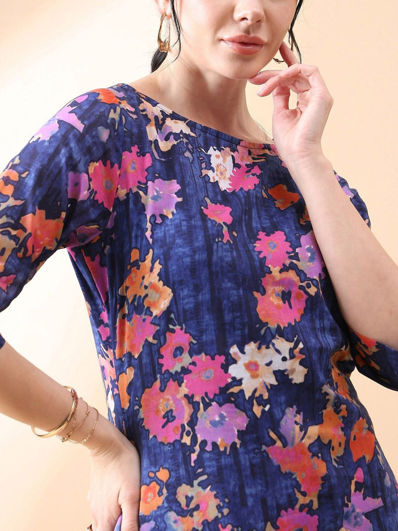 A-Line cotton floral printed dress- Navy & Orange