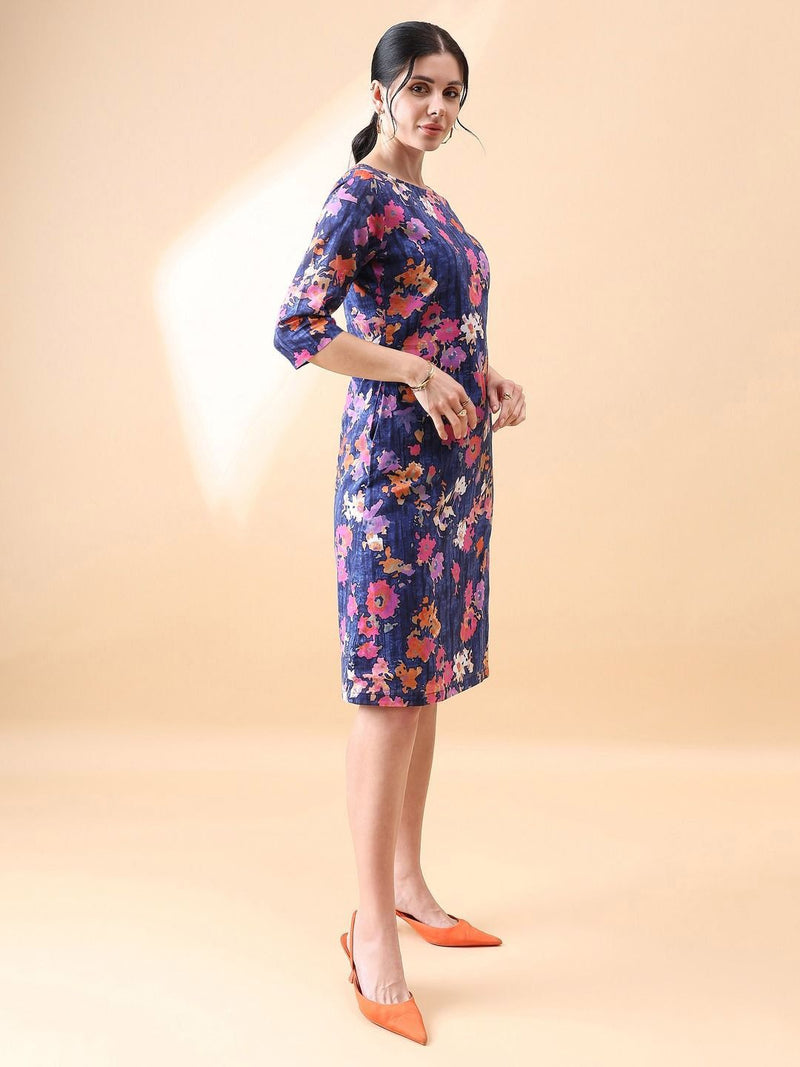 A-Line cotton floral printed dress- Navy & Orange