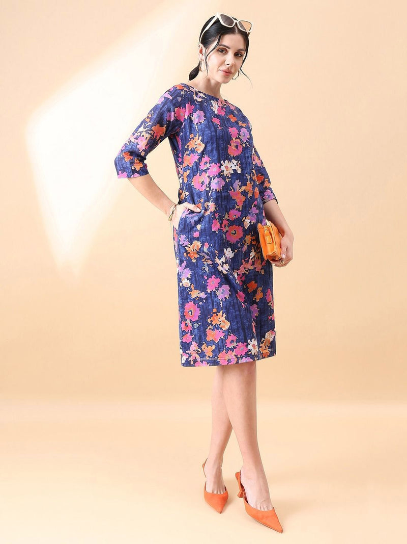 A-Line cotton floral printed dress- Navy & Orange