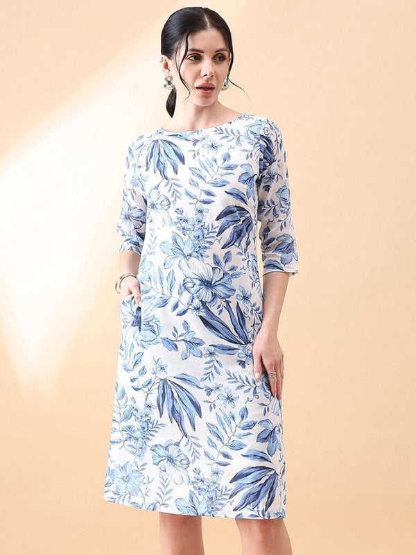 A-Line cotton floral printed dress- Blue & White