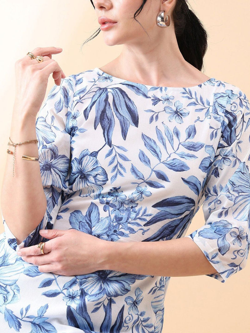 A-Line cotton floral printed dress- Blue & White