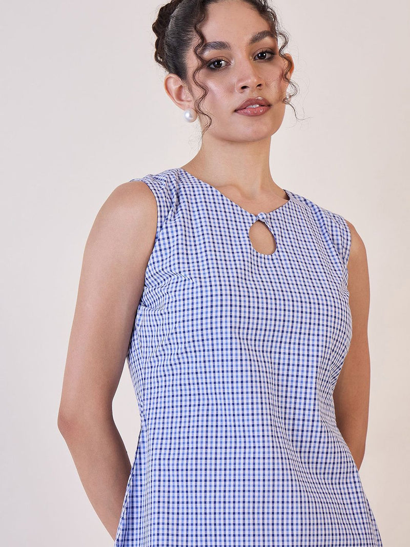 Blue & White Gingham Check Cotton Shift Dress