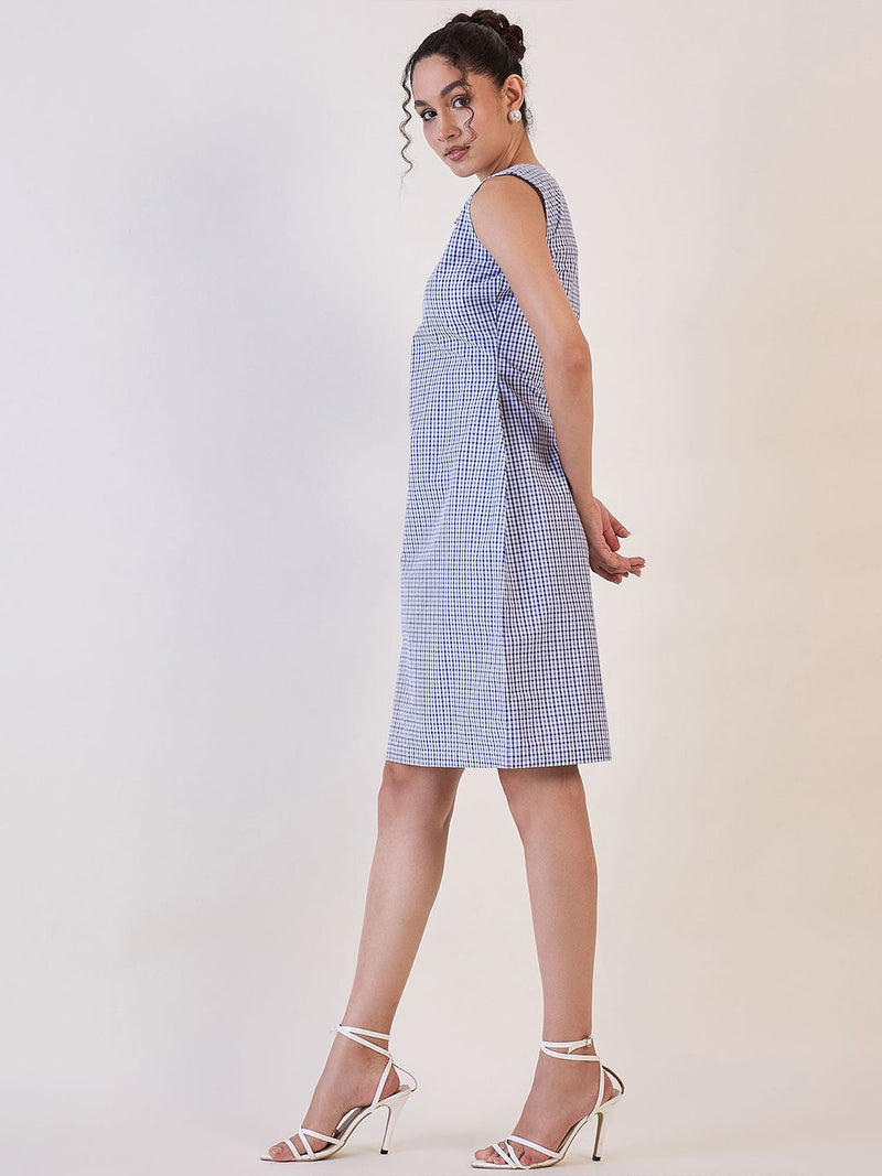 Blue & White Gingham Check Cotton Shift Dress