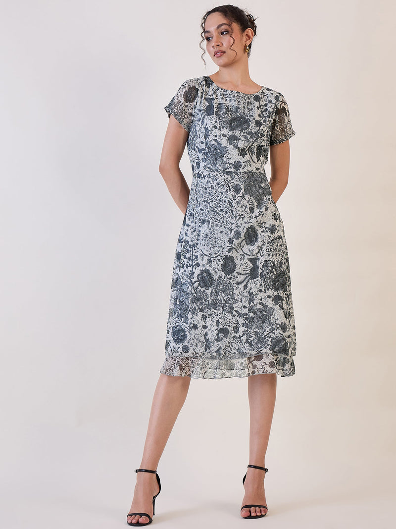 Elegant grey floral comfort fit shift dress for stylish summer outings.