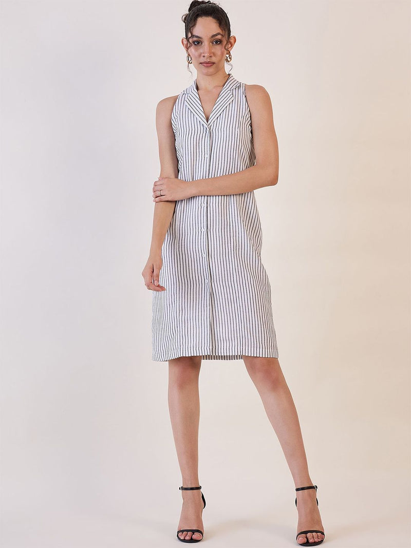 White Stripe Notch Collar Sheath Dress