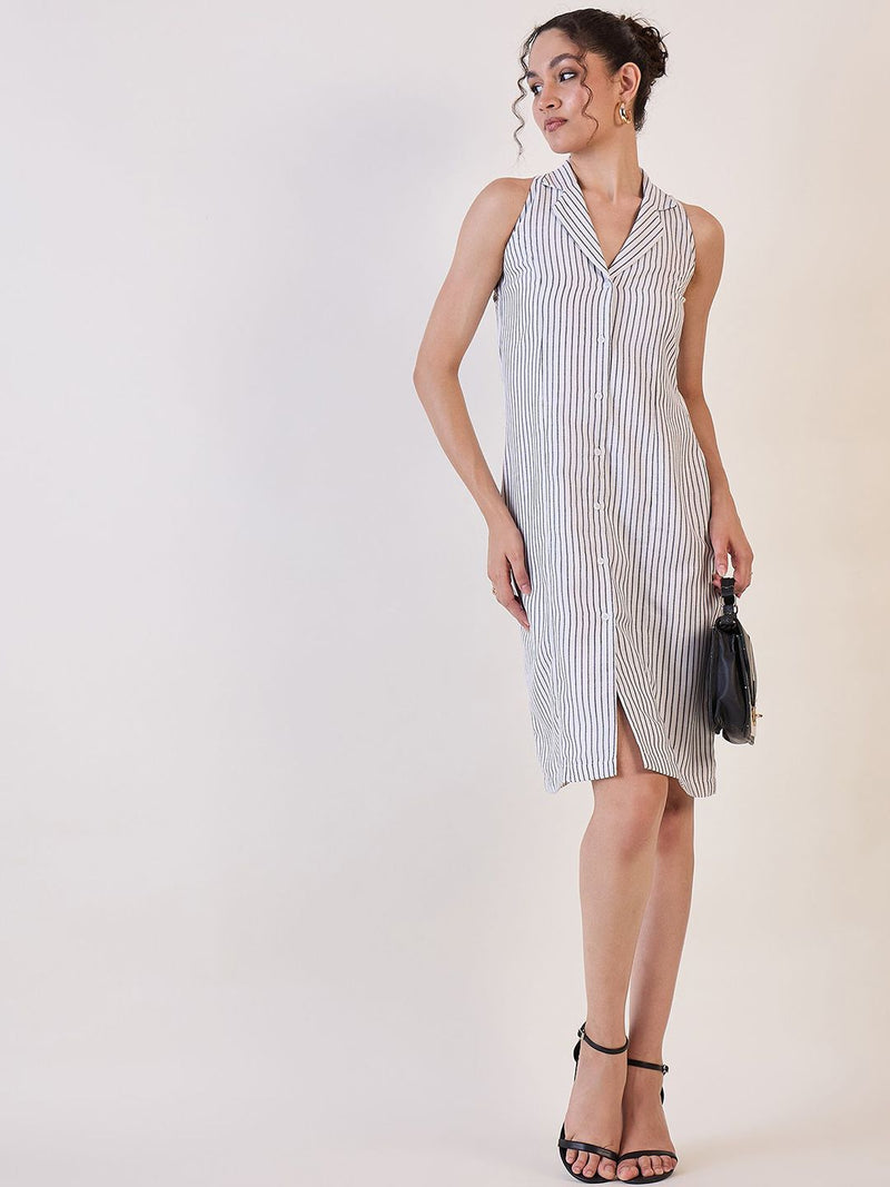 White Stripe Notch Collar Sheath Dress