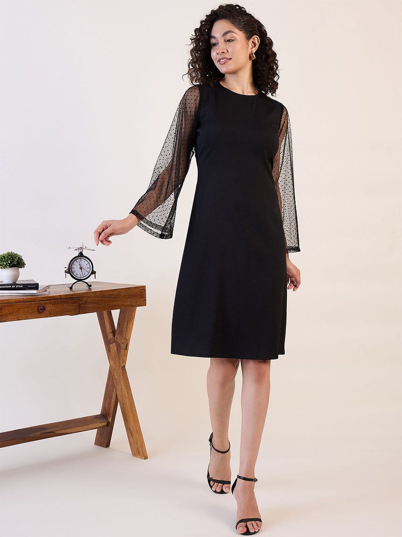 Black Sheer Sleeve A - Line Dress