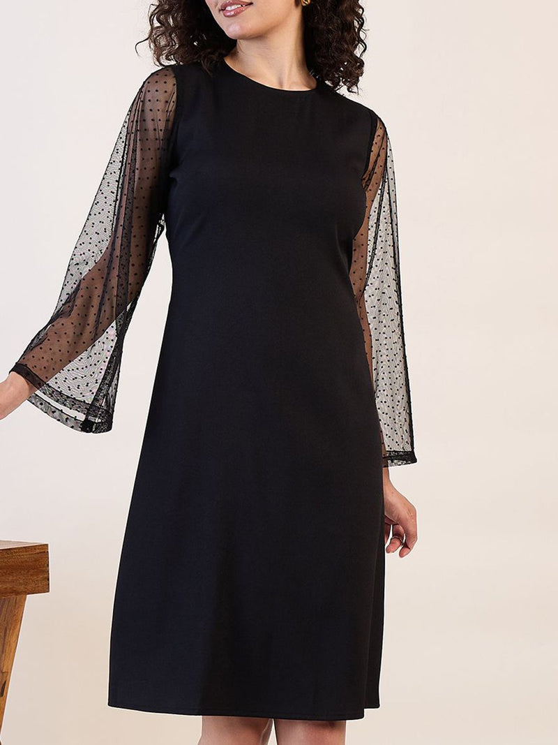 Black Sheer Sleeve A - Line Dress